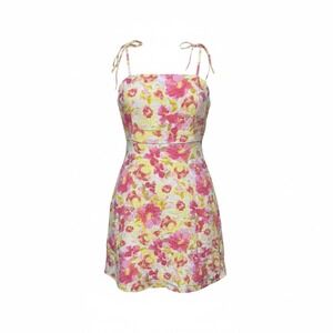 Old Navy Dress Womens S Floral Linen Blend Pink Yellow Sun Mini Tie Shoulder